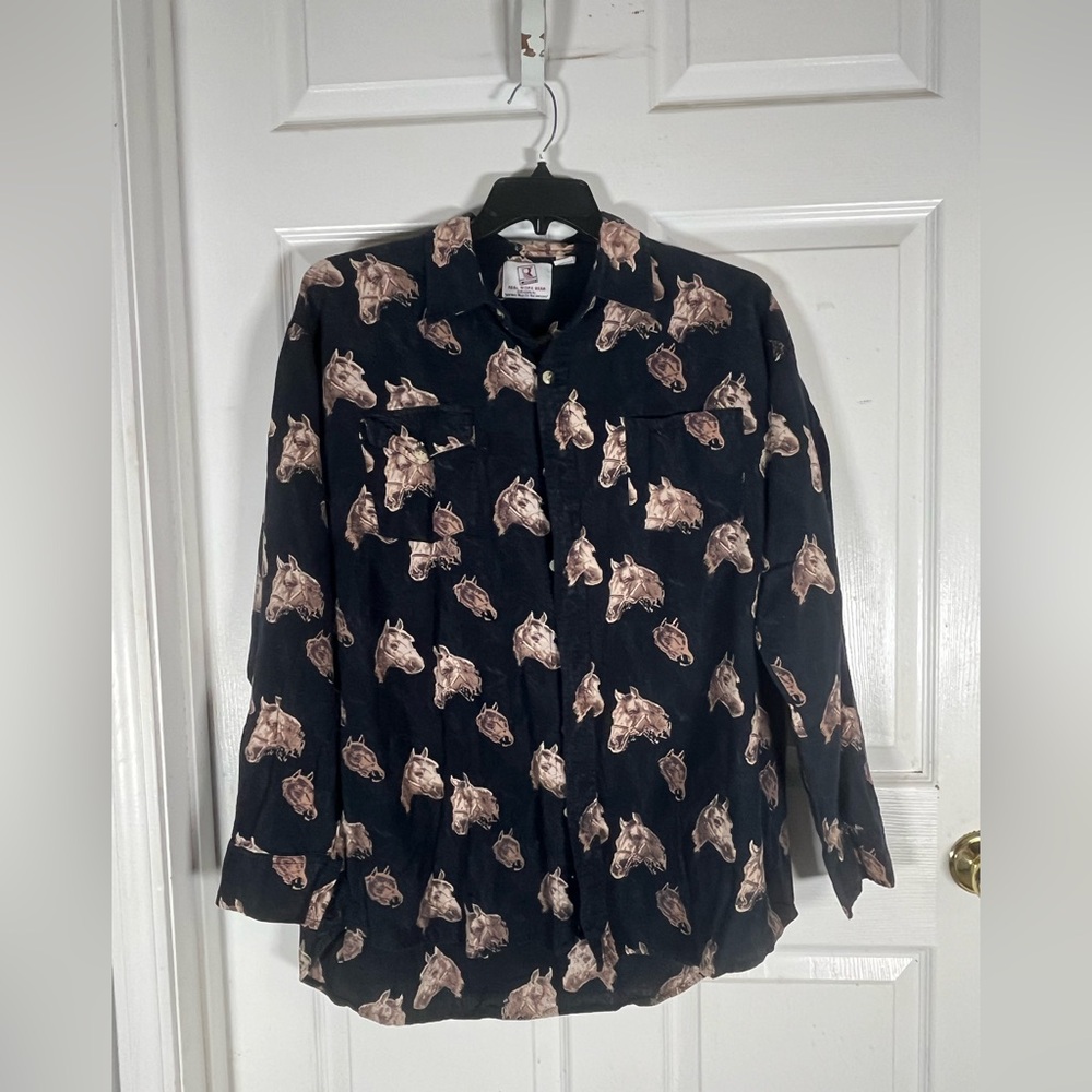 Moda Tech black long sleeve button up horses print size 3X